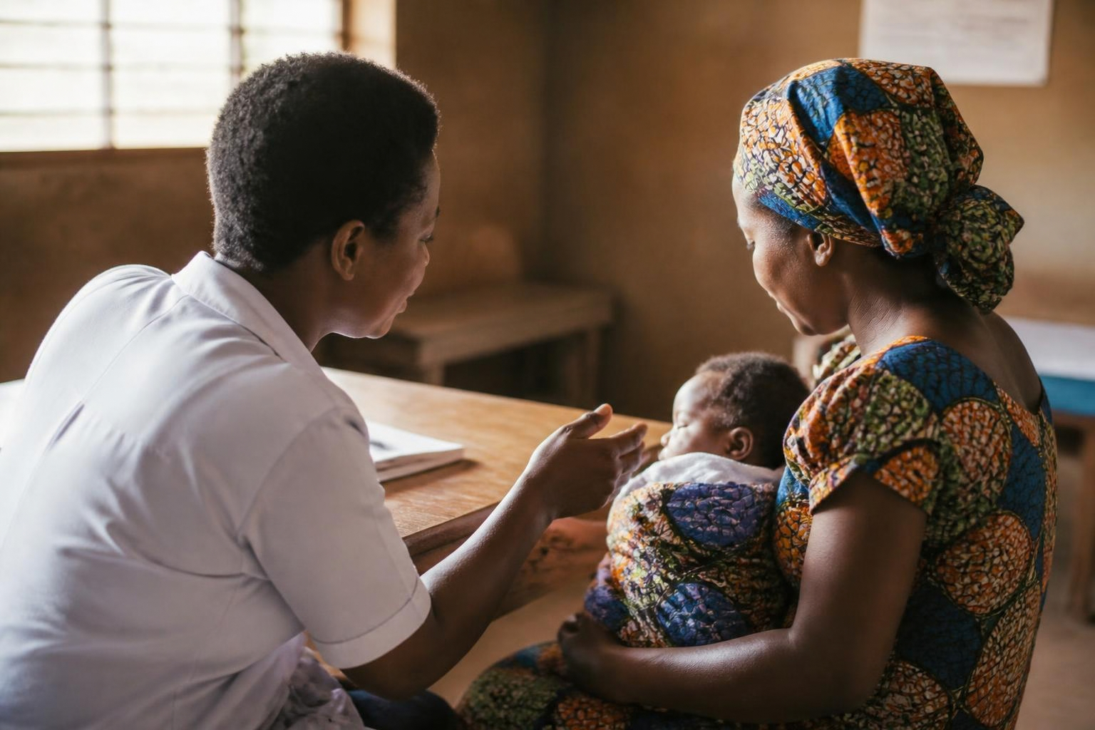 Community health worker counseling a mother, a focus of health services research